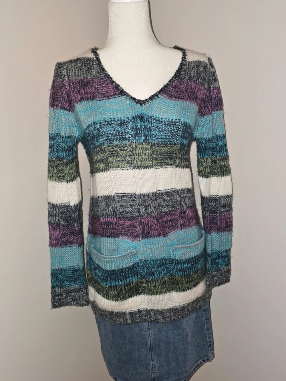 Y2K open stitch striped sweater tunic with pockets
